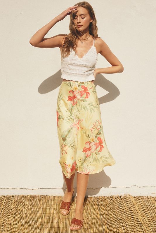 Sunset Garden Floral Yellow Midi Skirt