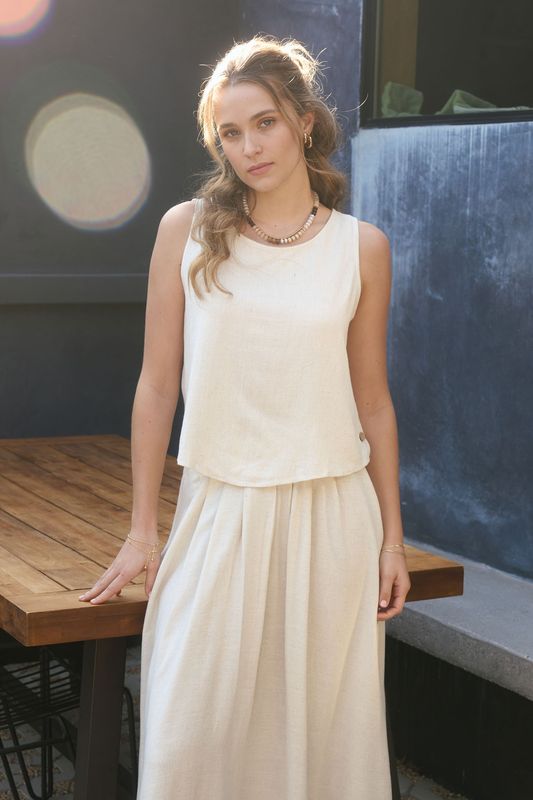 Round Neck Sleeveless Linen Top Side Button Detail - 2 colors