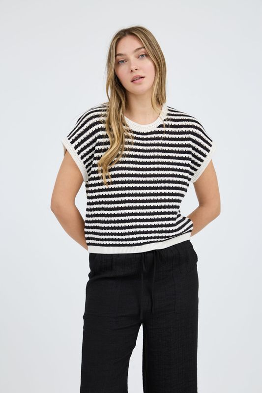 Stripe Crochet Batwing Sleeve Sweater Top