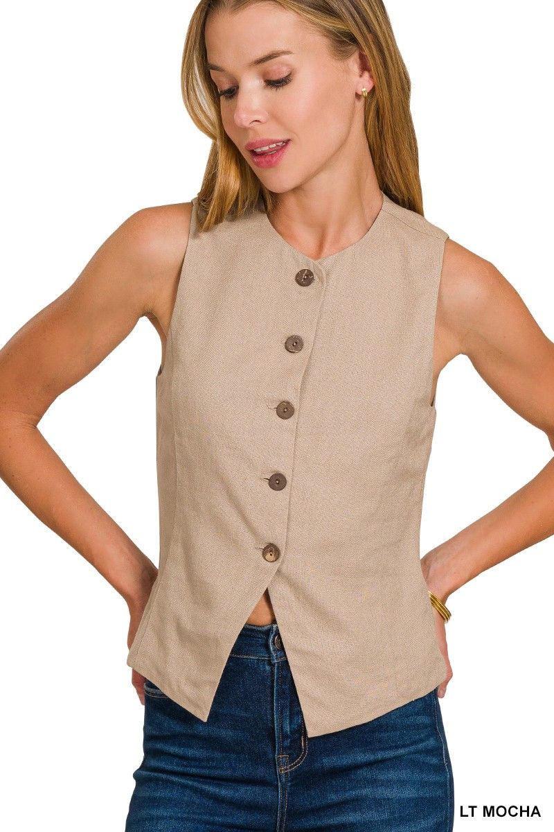 Linen Button Vest Light Mocha