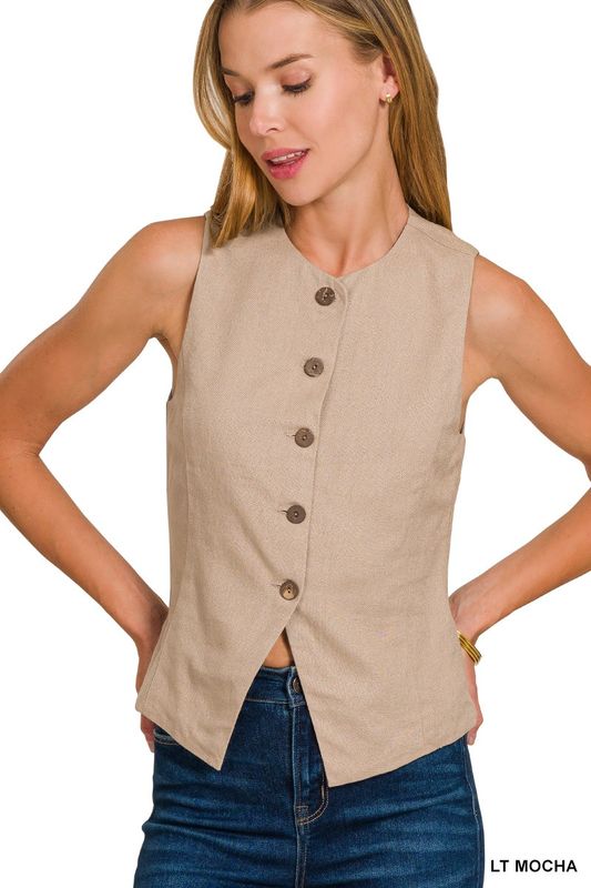 Linen Button Vest Light Mocha