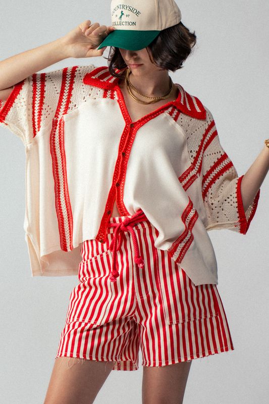 Crochet Knit Oversized Shirt Cream/Red