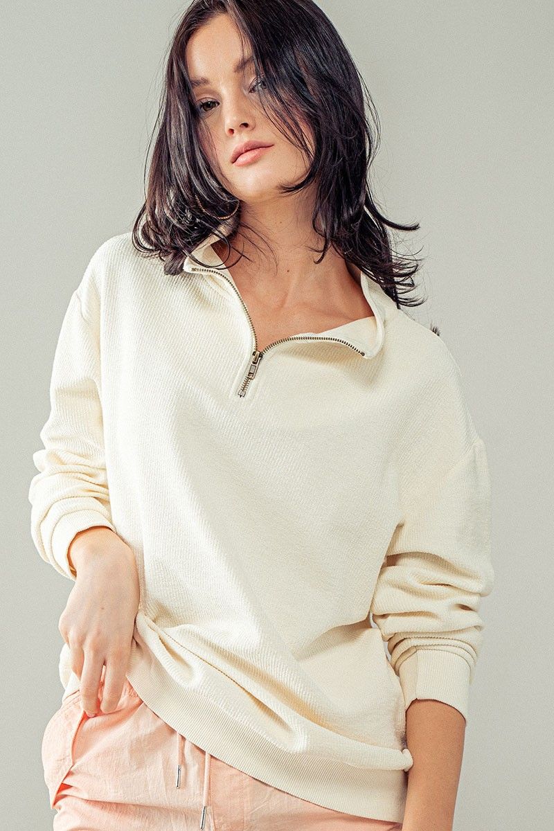 Vintage Washed Quarter Zip Up Ribbed Sweatshirt