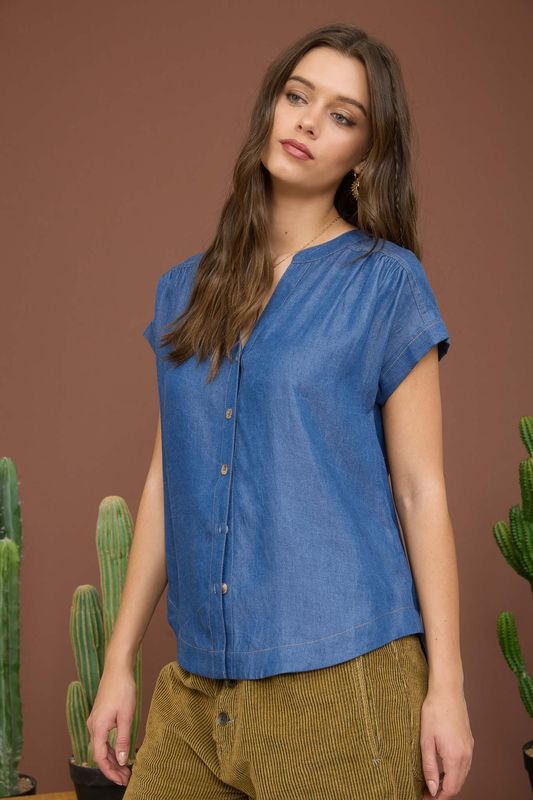 Dark Chambray Button Down Short Sleeve Top