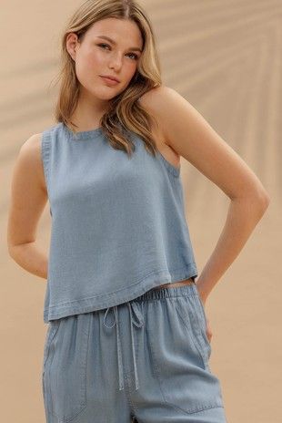 Round Neck Back Button Sleeveless Chambray Top