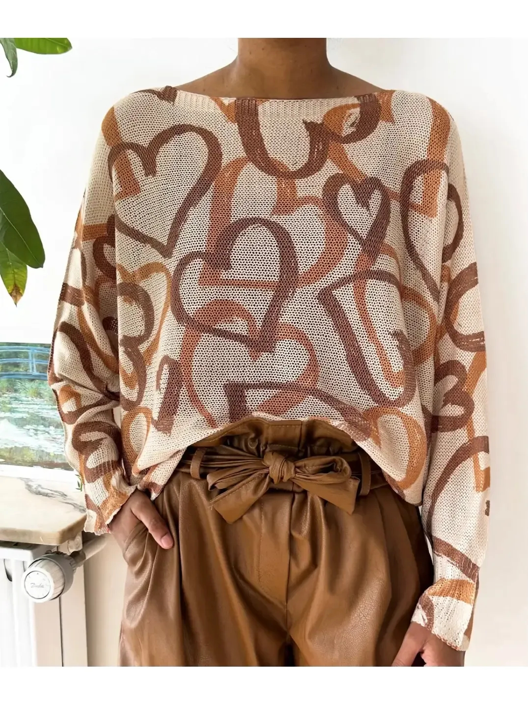 Heart Printed Knitted Sweater O/S