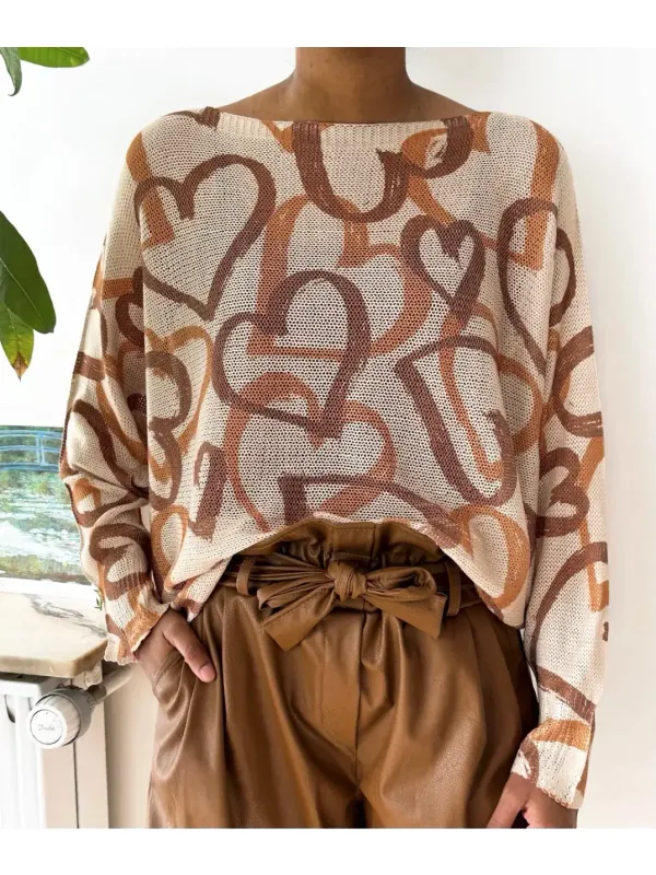 Heart Printed Knitted Sweater O/S