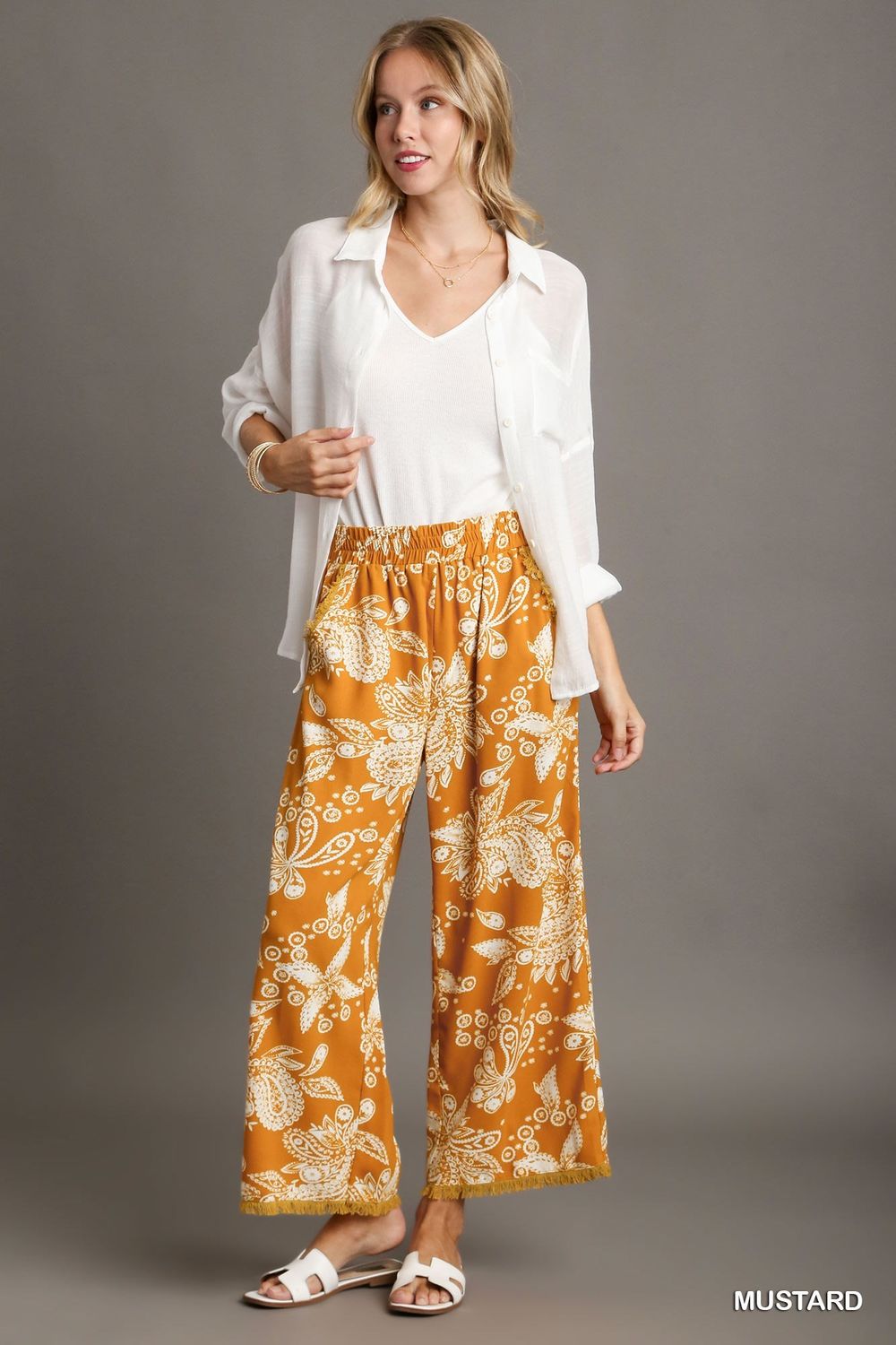 Paisley Print Wide Fit Pants with Elastic Waistband &amp; Fray Details
