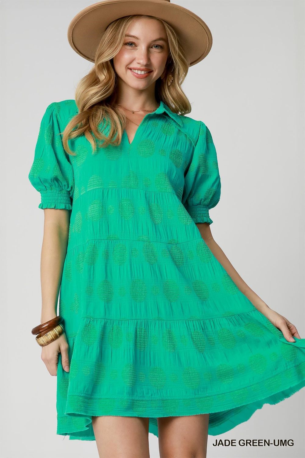 Swiss Dot Jacquard Collared Tiered Dress with Smocked Puff Sleeves