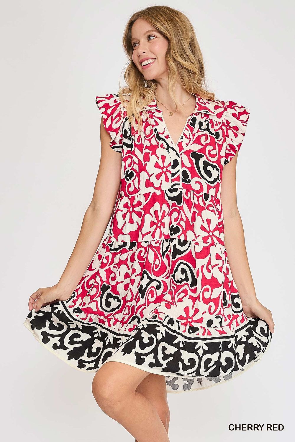 Floral Tiered Dress Black &amp; Red