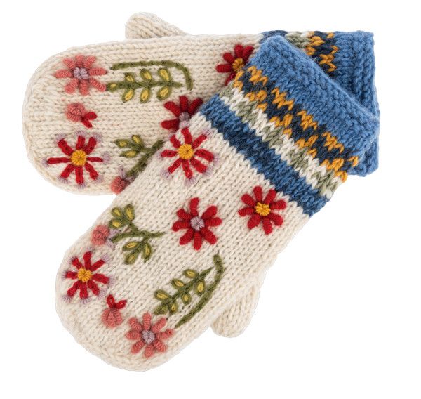 Wool Mittens Blue Band Floral