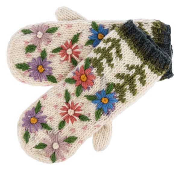 Wool Mittens Natural Purple Floral