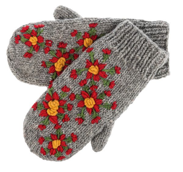 Wool Mittens Grey Floral
