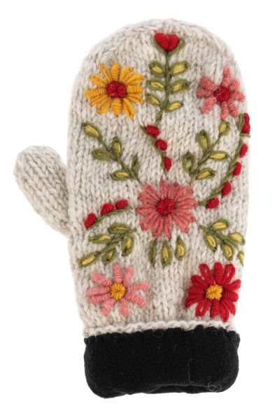 Wool Mittens Oatmeal Floral