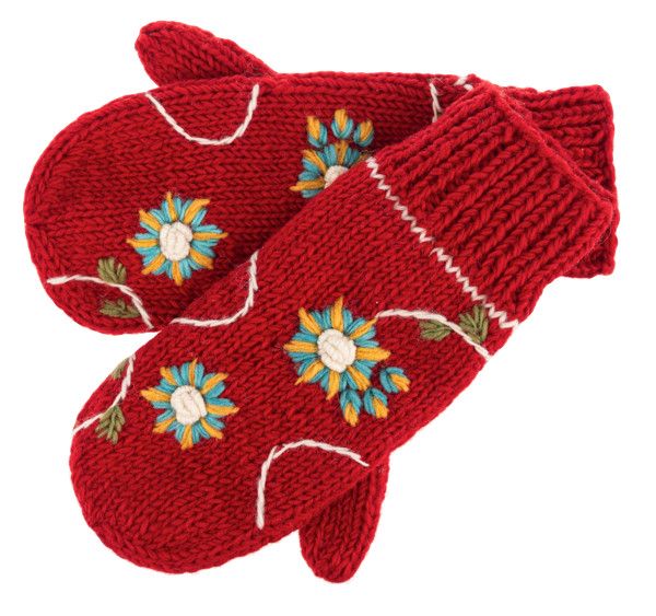 Wool Mittens Red Floral