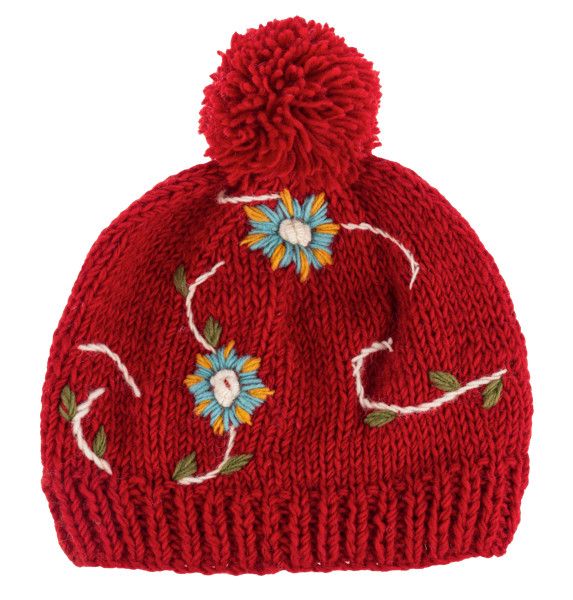 Knit Hat Red Floral
