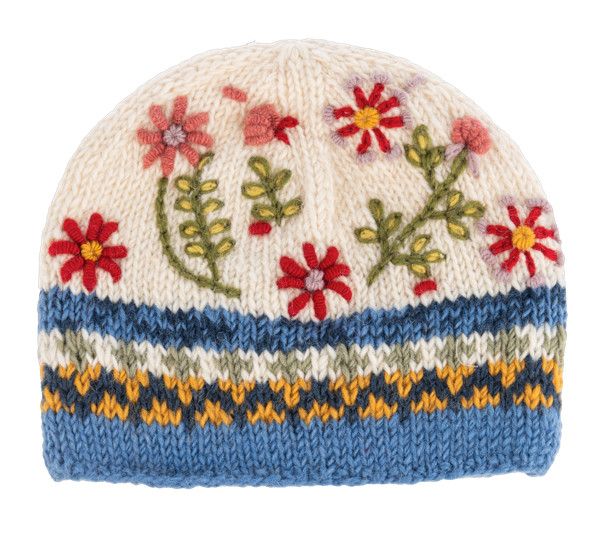 Knit Beanie Natural Blue Band Floral