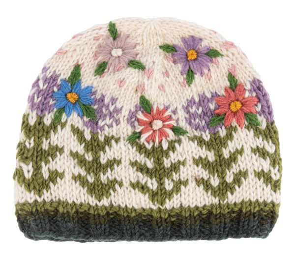 Knit Beanie Natural Purple Blue Floral