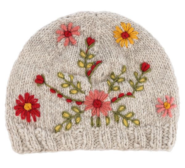 Knit Beanie Oatmeal Pink Floral