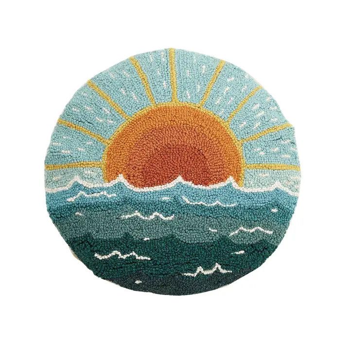 Round Sun Seascape Hooked Pillow