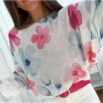 White Floral Round Knit Sweater O/S