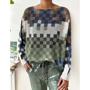 Olive Checks Round Knit Sweater O/S