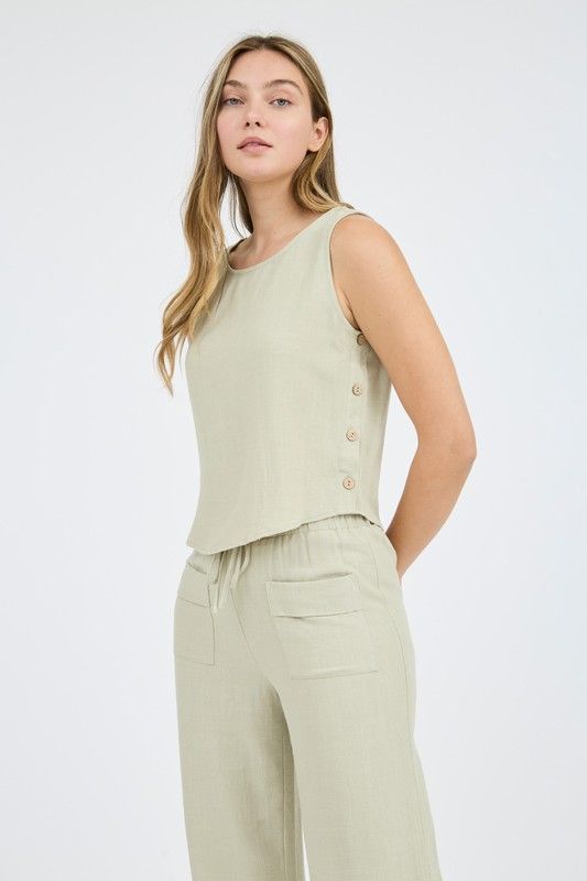 Round Neck Sleeveless Linen Top Side Button Detail - 2 colors, Color: Light Olive, Size: Sm