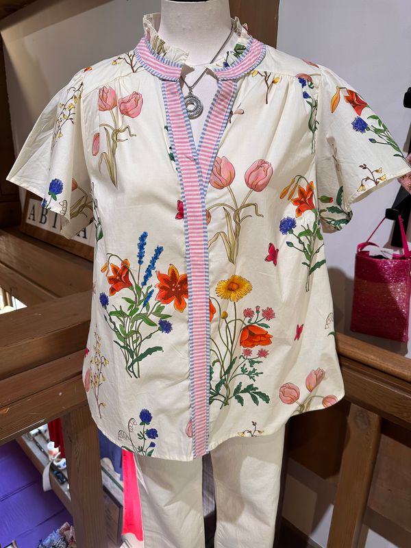 Garden Print Blouse with Contrast Trim