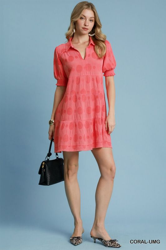 Swiss Dot Jacquard Collared Tiered Dress