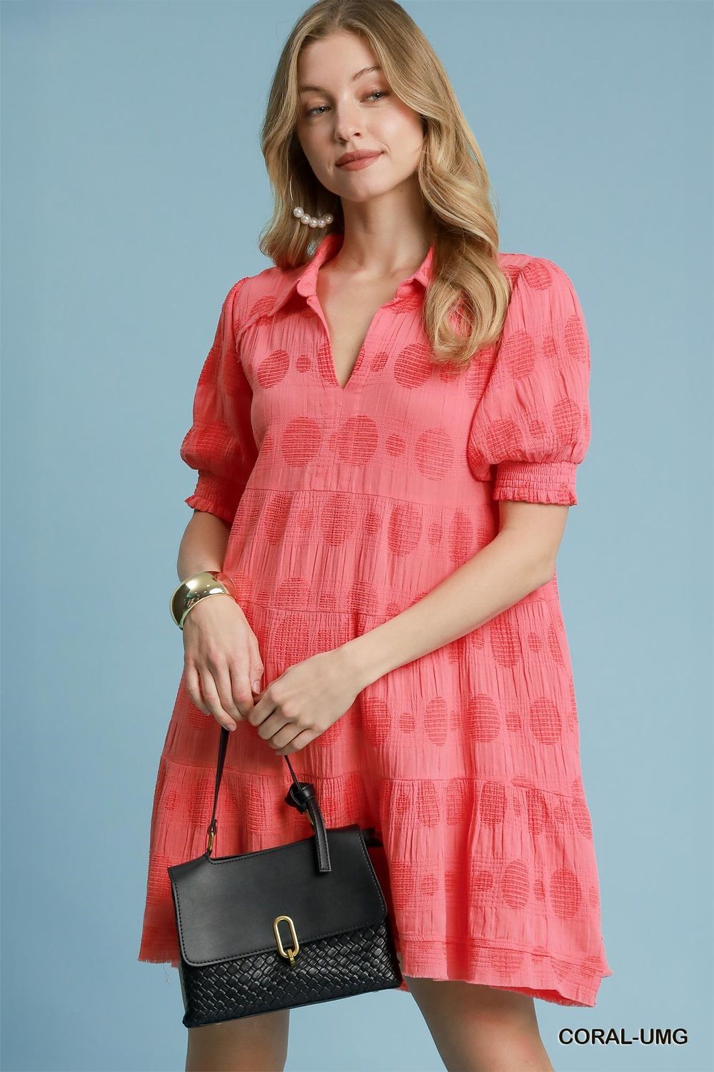 Swiss Dot Jacquard Collared Tiered Dress, Size: Small, Color: Coral