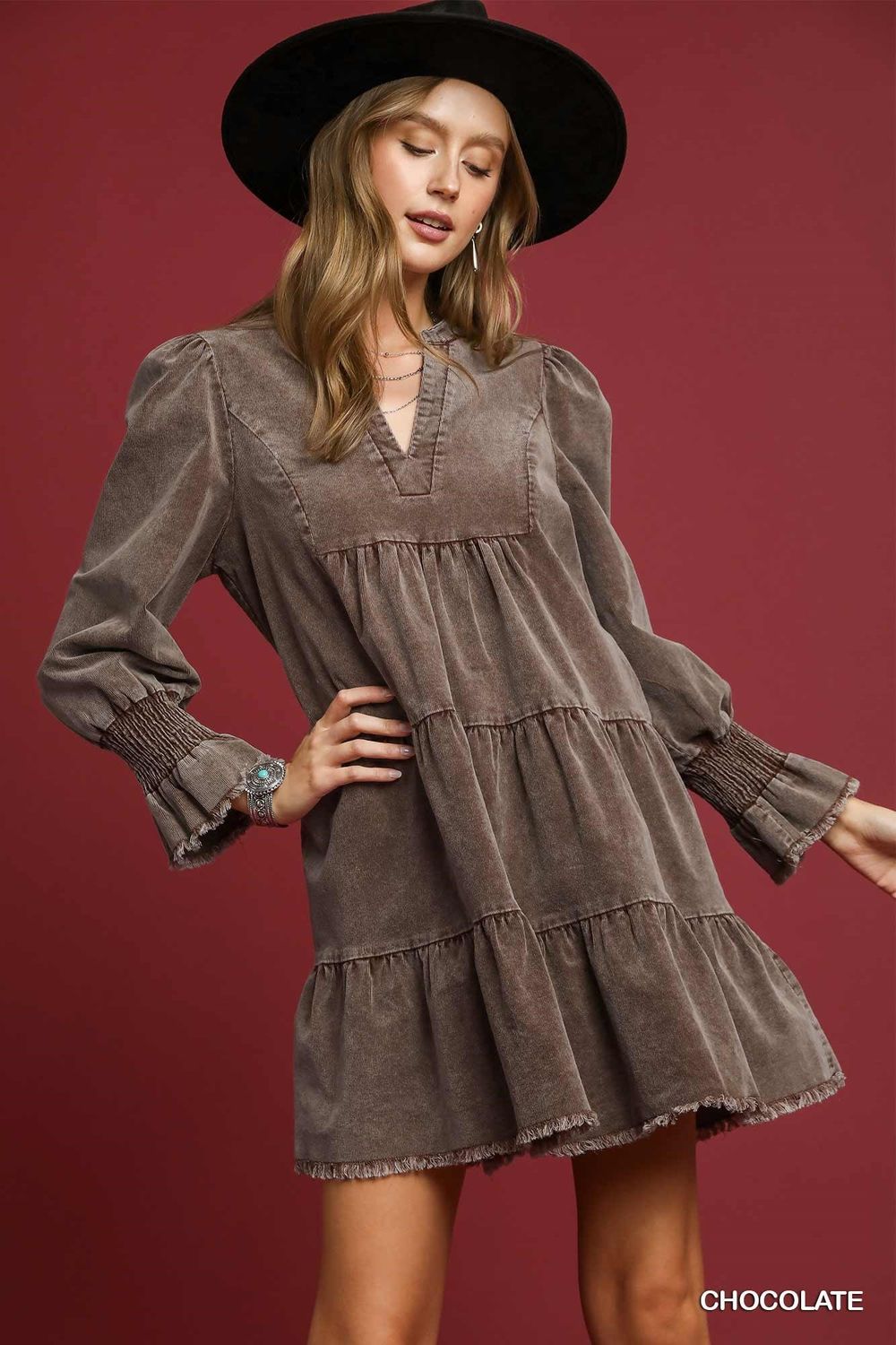 Stone Washed Corduroy Tiered Dress, Size: Small, Color: Chocolate