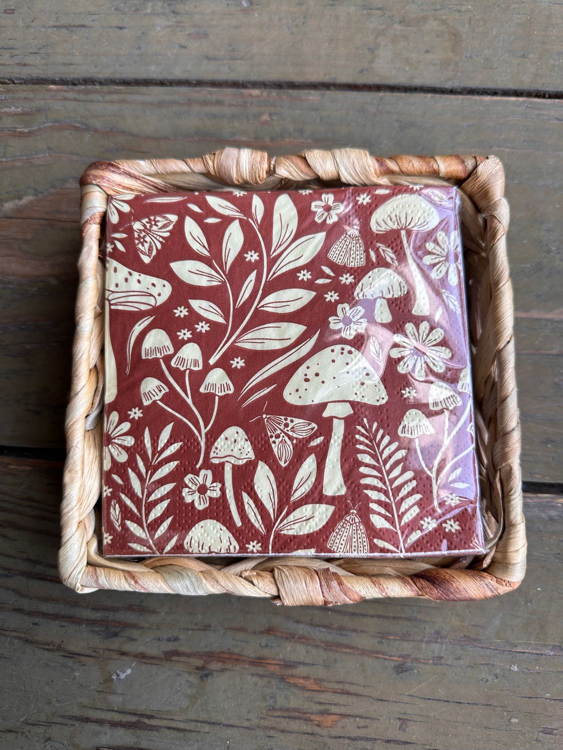 Woven Cocktail Napkin Holder ~Mushrooms