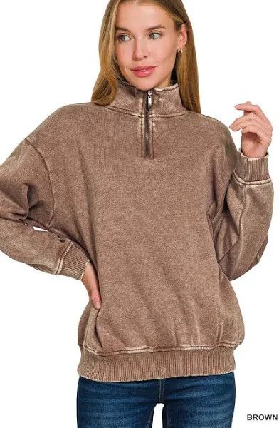 Acid Wash Fleece Half Zip Pullover, Color: Brown, Size: Large