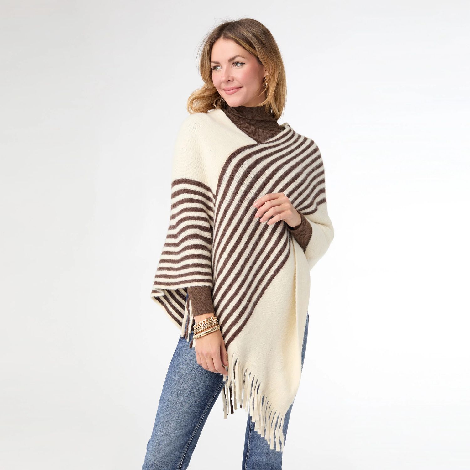 Petra Asymmetrical Poncho, Color: Cream/Brown