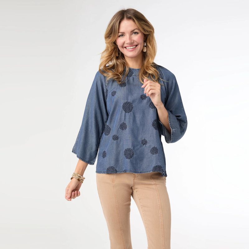 Gisella 3/4 Sleeve Top w/Circle Bursts - Denim