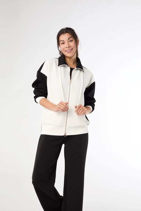 Hilarie Two-Tone Zip Front Sweatshirt Black/Ivory