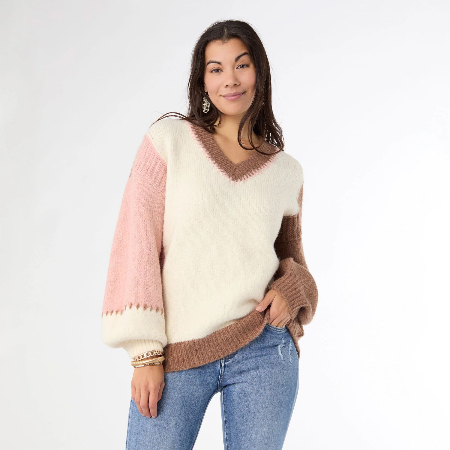 Dolores V-Neck Sweater w/Contrast Sleeves - Spumoni