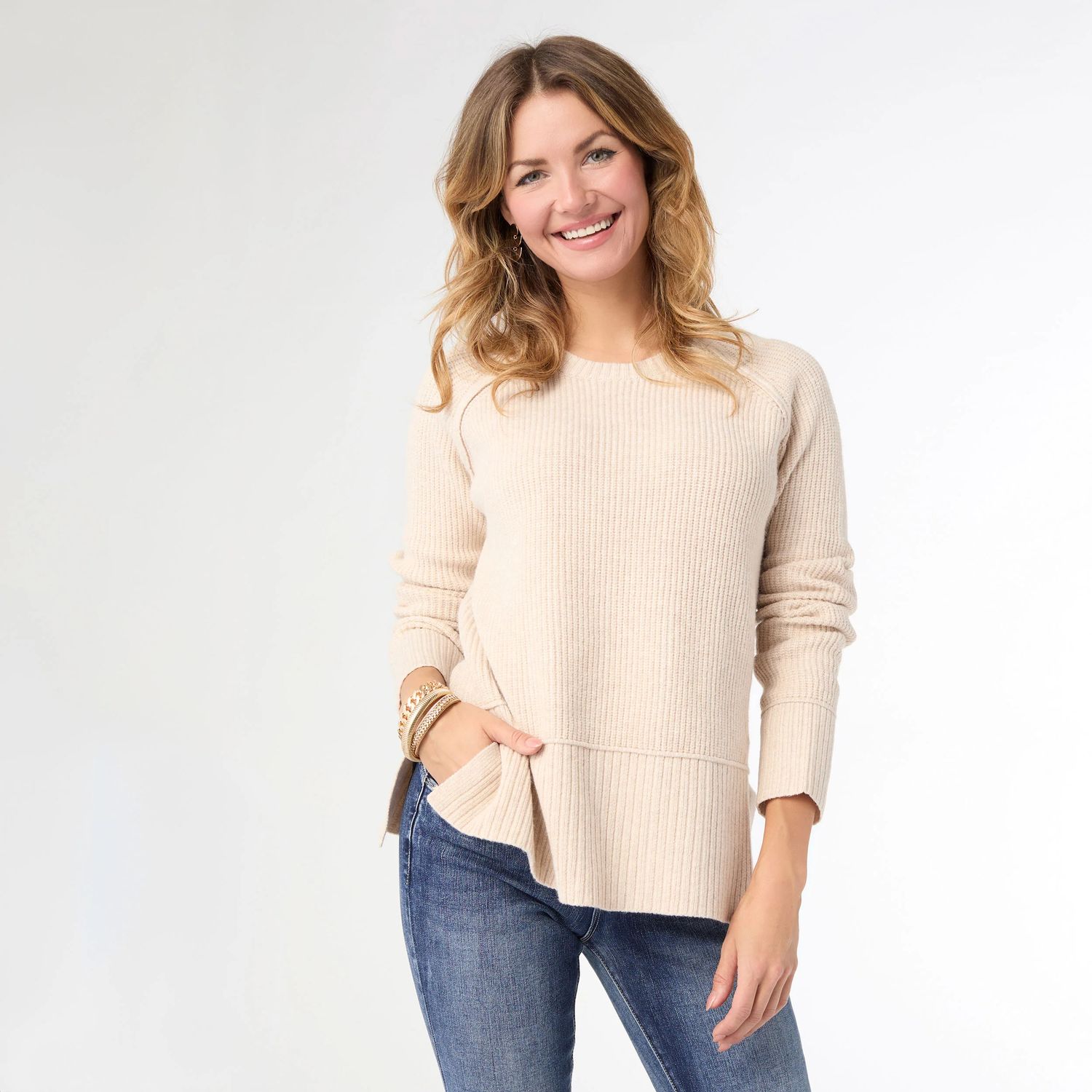 Helix Crew Neck Sweater w/Side Slit - Oatmeal
