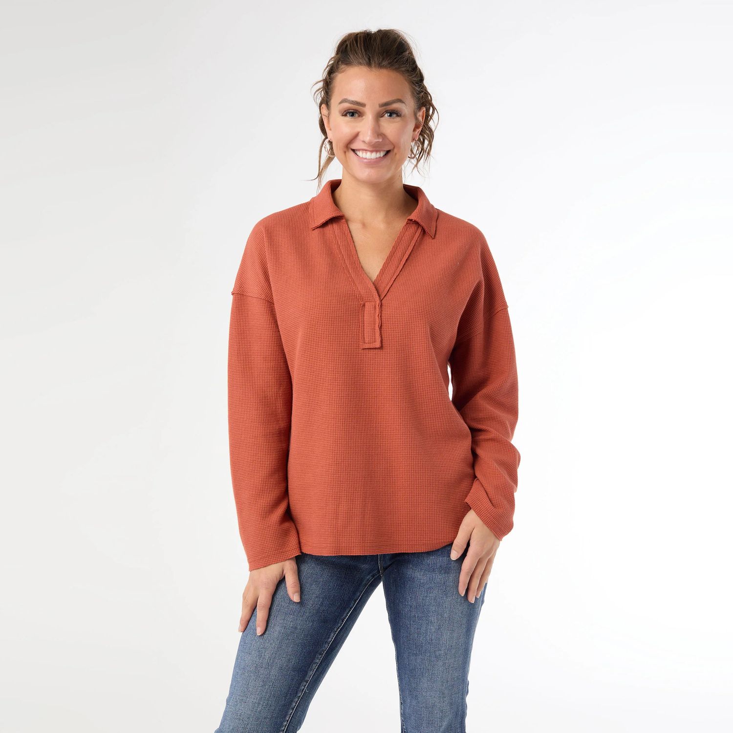 Michela Long Sleeve V-Neck Top, Size: XS, Color: Rust