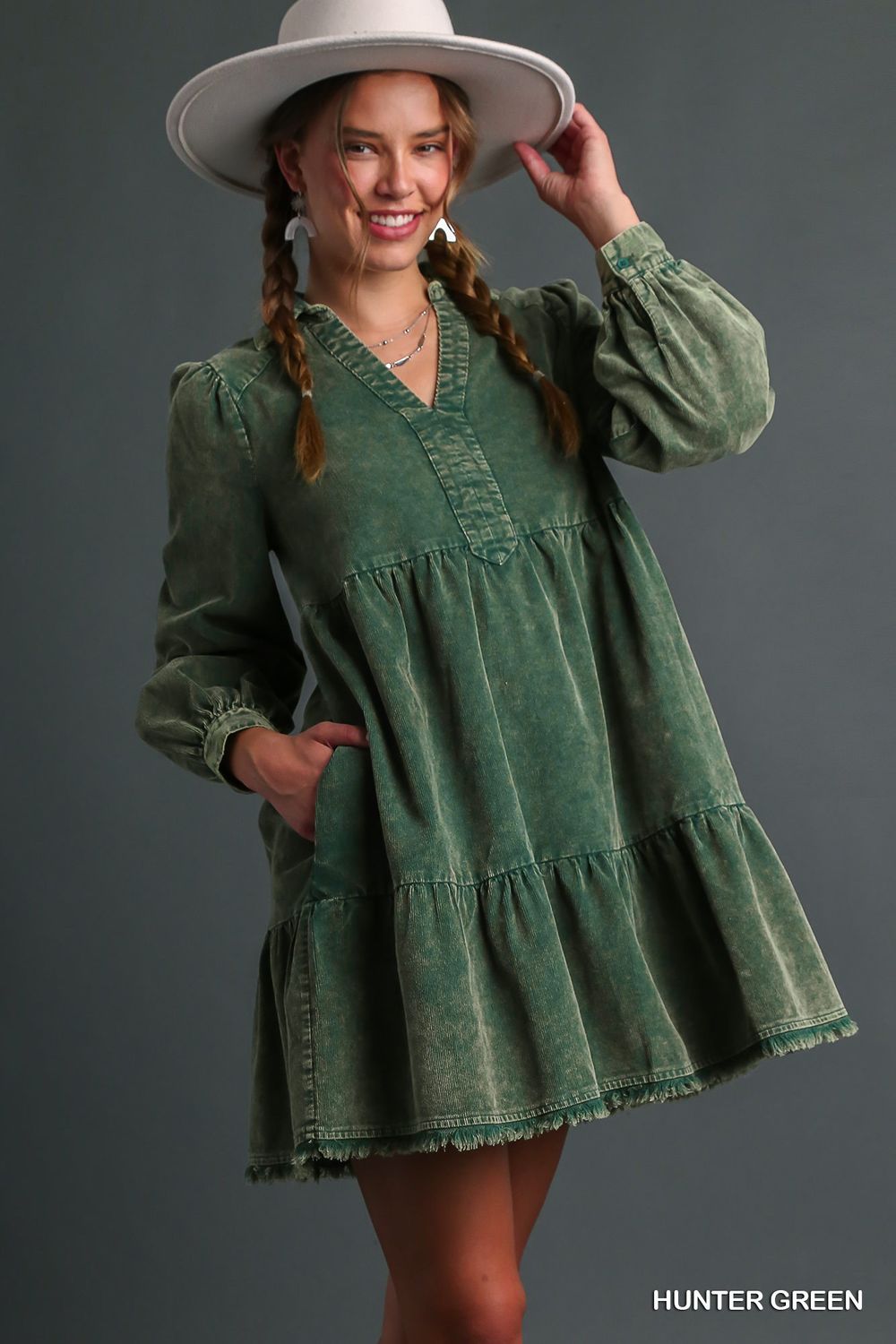 Corduroy Washed Collared Dress-Green