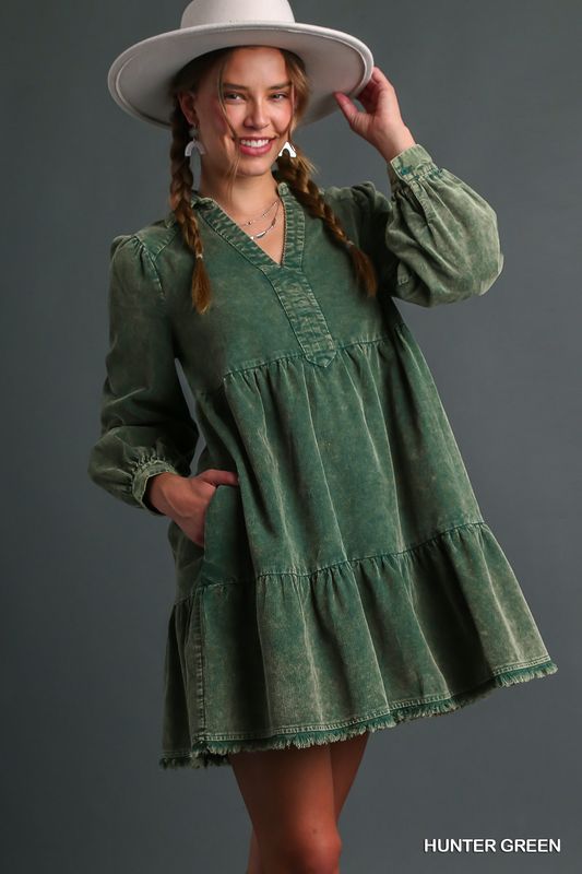 Corduroy Washed Collared Dress-Green