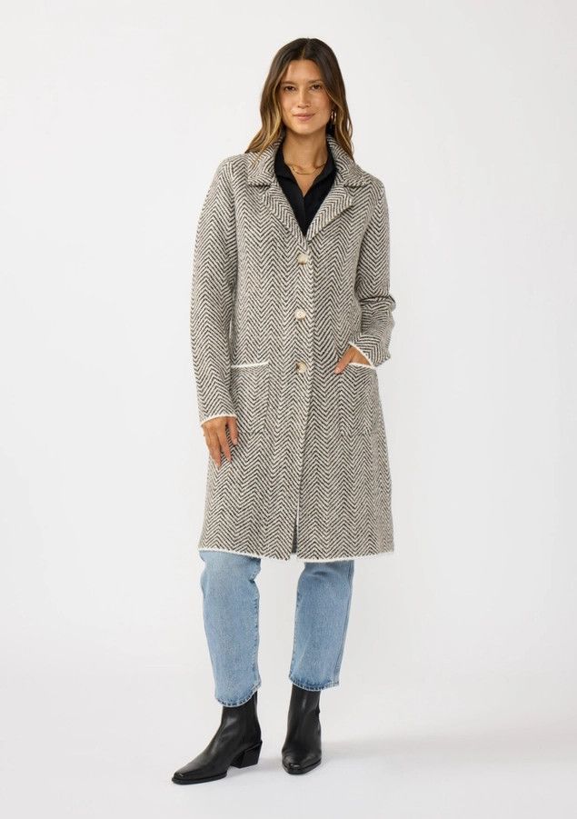 Herringbone Button Front Coatigan - Taupe/Cream