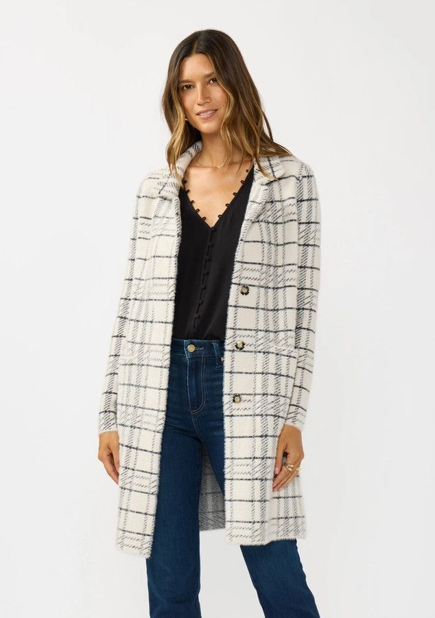 Plaid Button Front Cardigan - Cream/Black