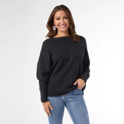 Relaxed Ciana Pullover Sweater w/ Lattice Back, Color: Black Heather, Size: XS