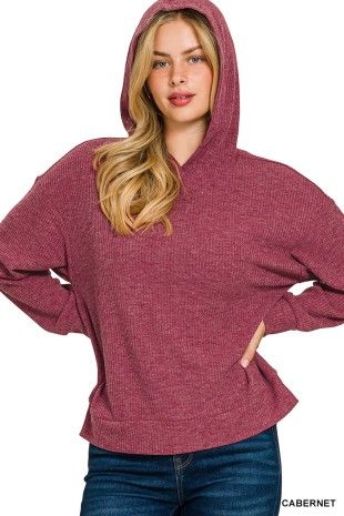 Ribbed Hoodie Pullover, Color: Cabernet, Size: Small