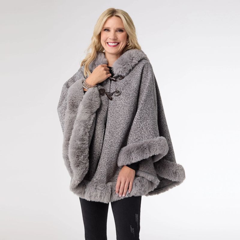 Felicity Hooded Poncho With Faux Trim - Grey O/S