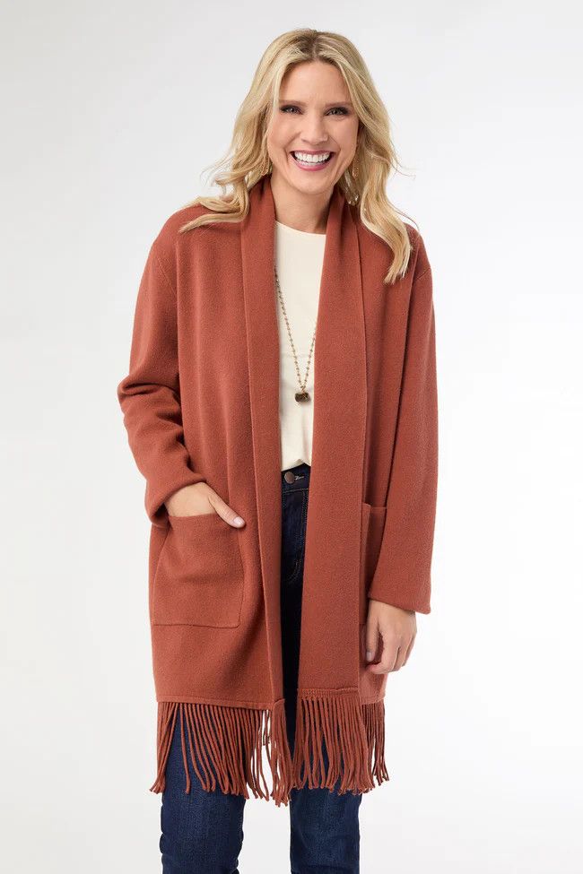 Heavenly-Luxe Mid Length Cardigan w/Fringe - Nutmeg