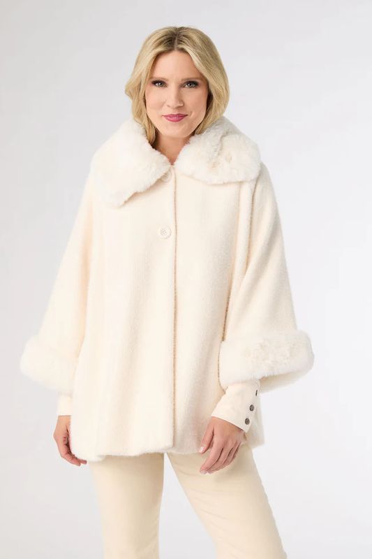 Janara 3/4 Sleeve Button Wrap w/Faux Fur Trim Winter White