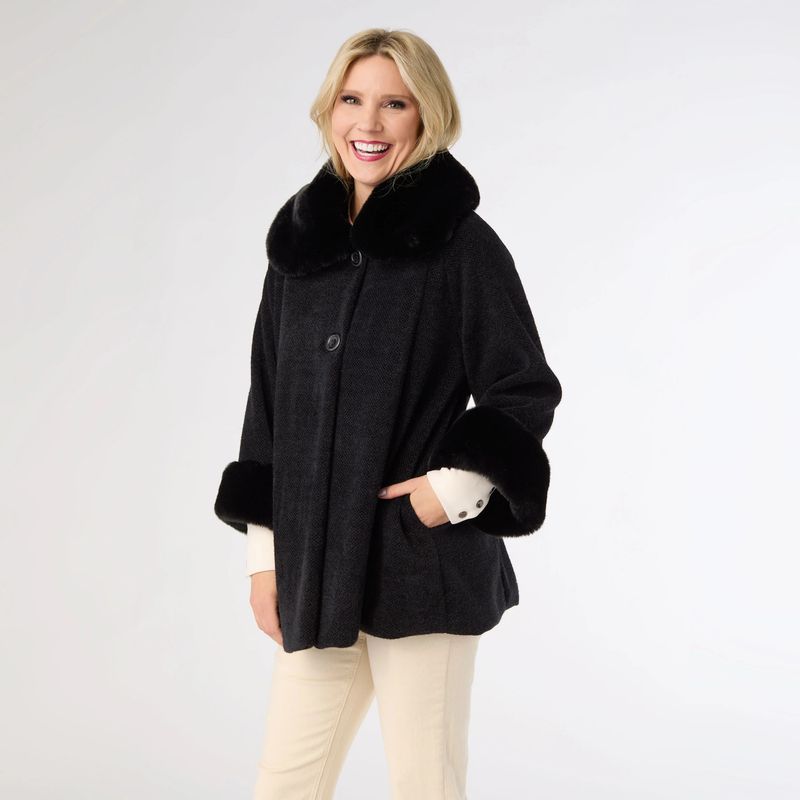 Janara 3/4 Sleeve Button Wrap w/Faux Fur Black