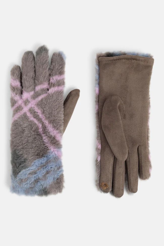 Faux Fur Plaid Touchscreen Gloves, Color: Grey/Purple